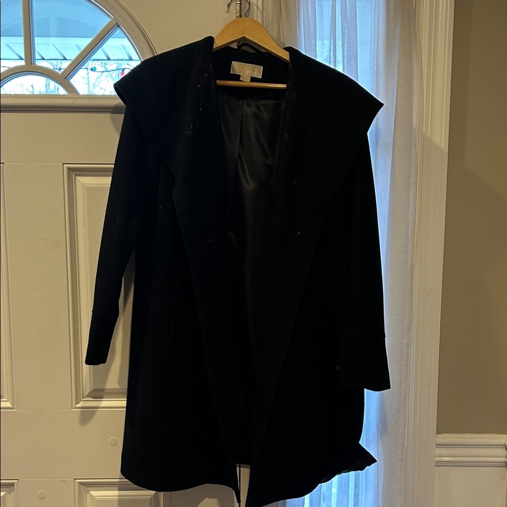 Michael Kors Elegant Black Women's Pea Coat with Hood and Gold Accents